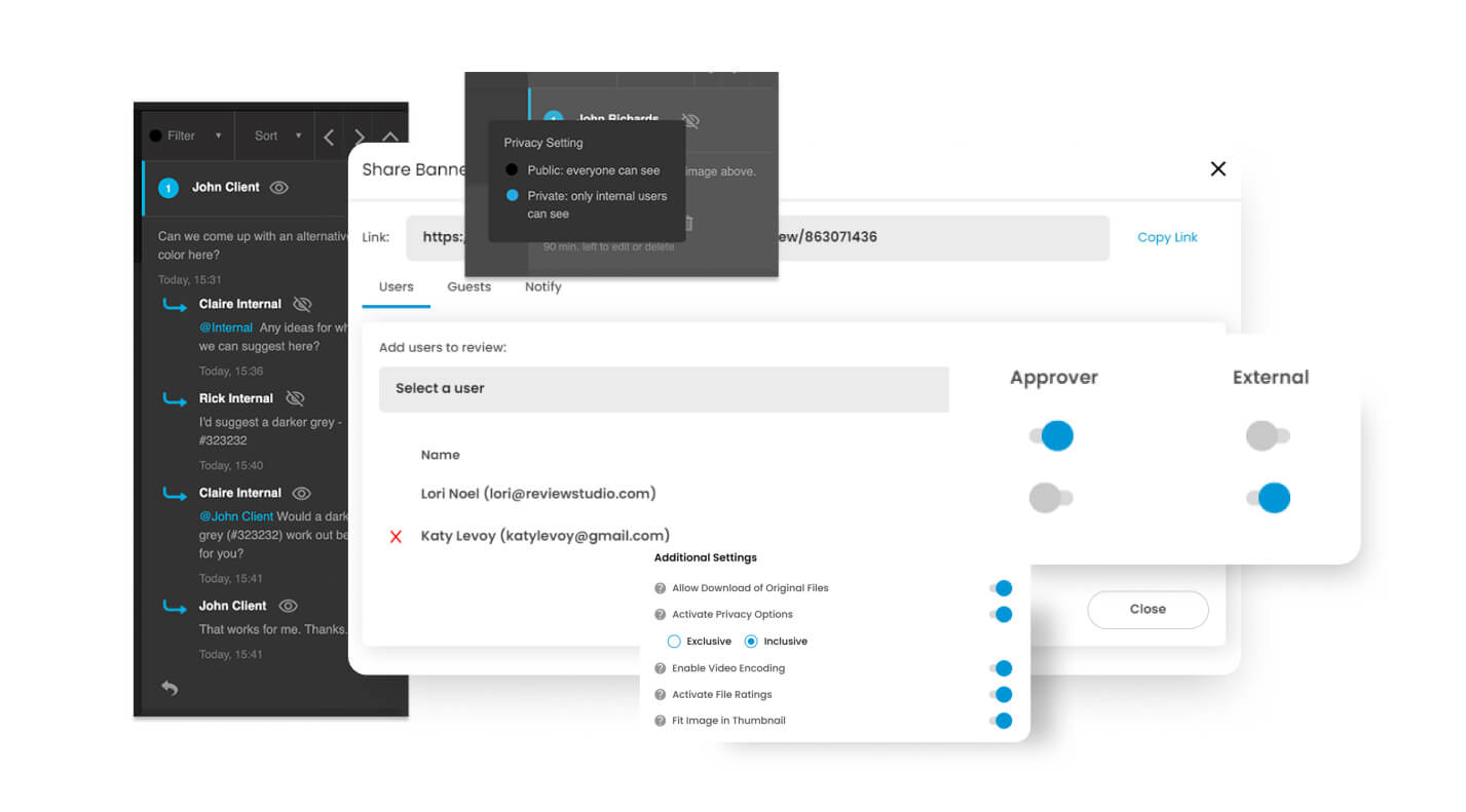 Privacy features for ReviewStudio online proofing platform