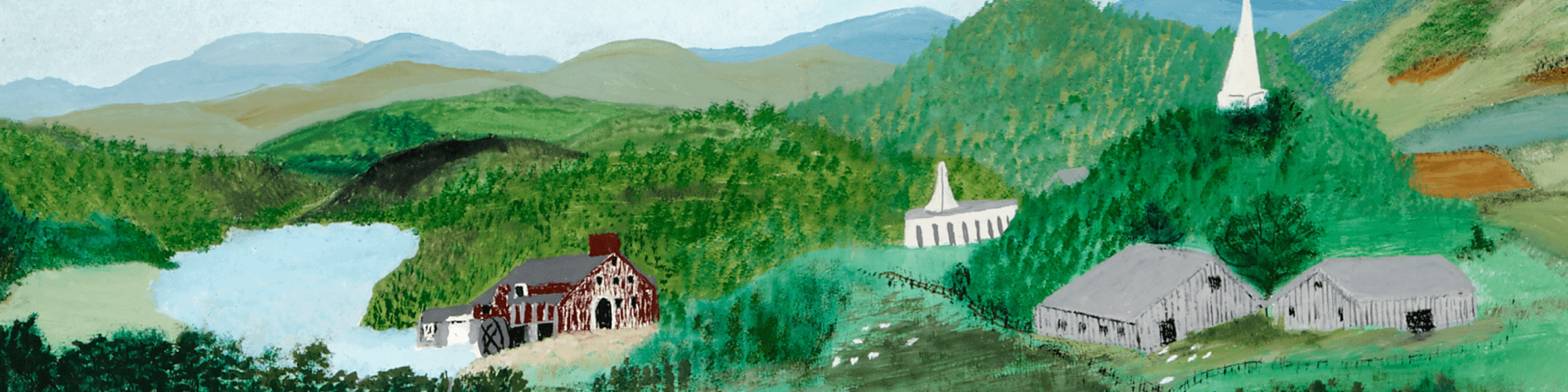 Detail of a painting by folk artist Grandma Moses depicting a green valley scene with a river, hills, and houses