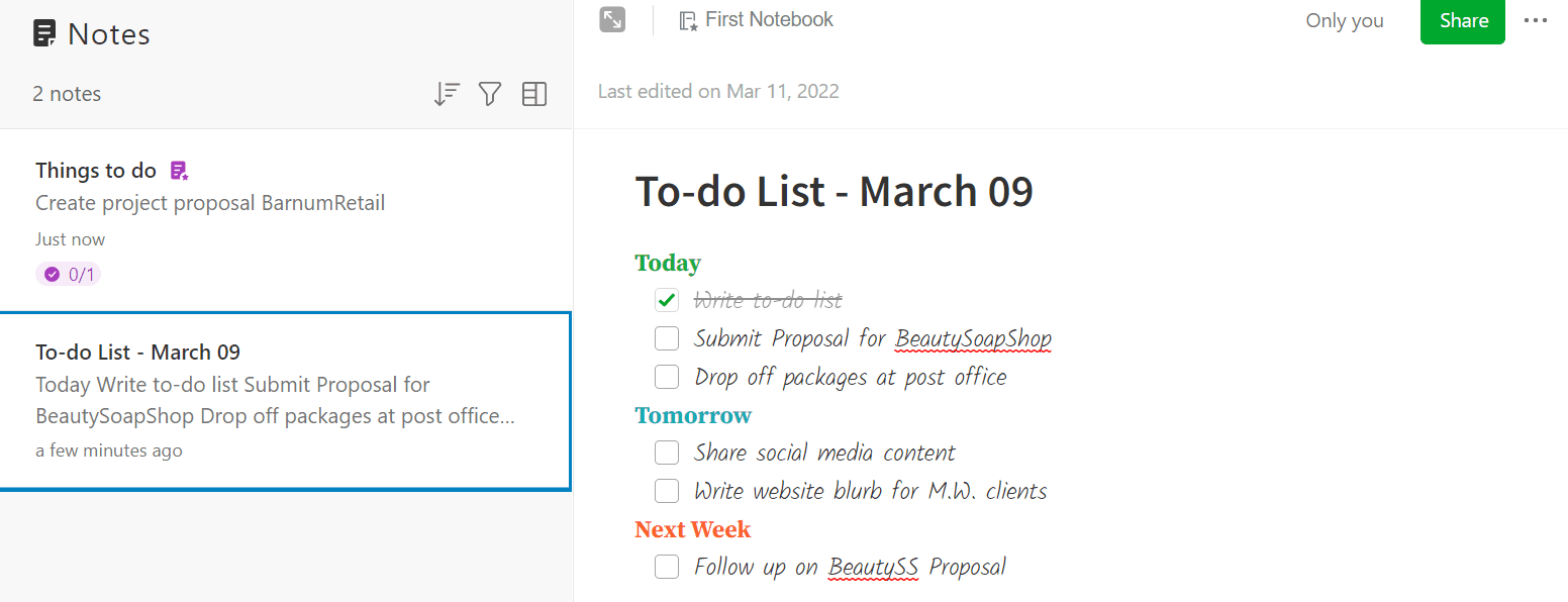 Screenshot of Evernote interface for notes and to-do lists